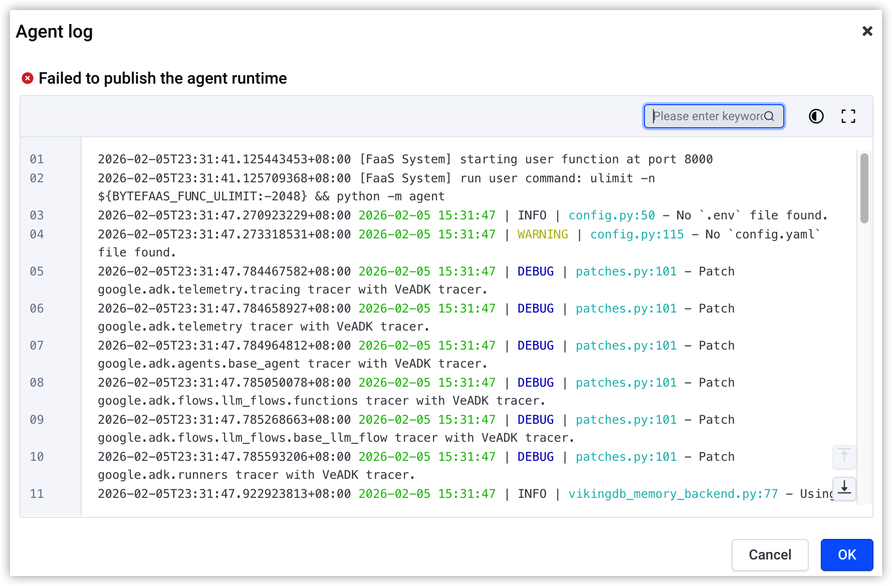 Viewing logs for agent runtime unavailability--AgentKit-Byteplus